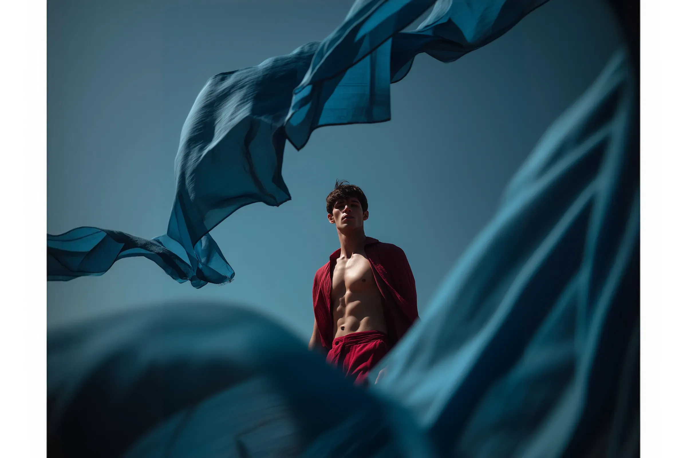 Expressive blue fabric moving through open space