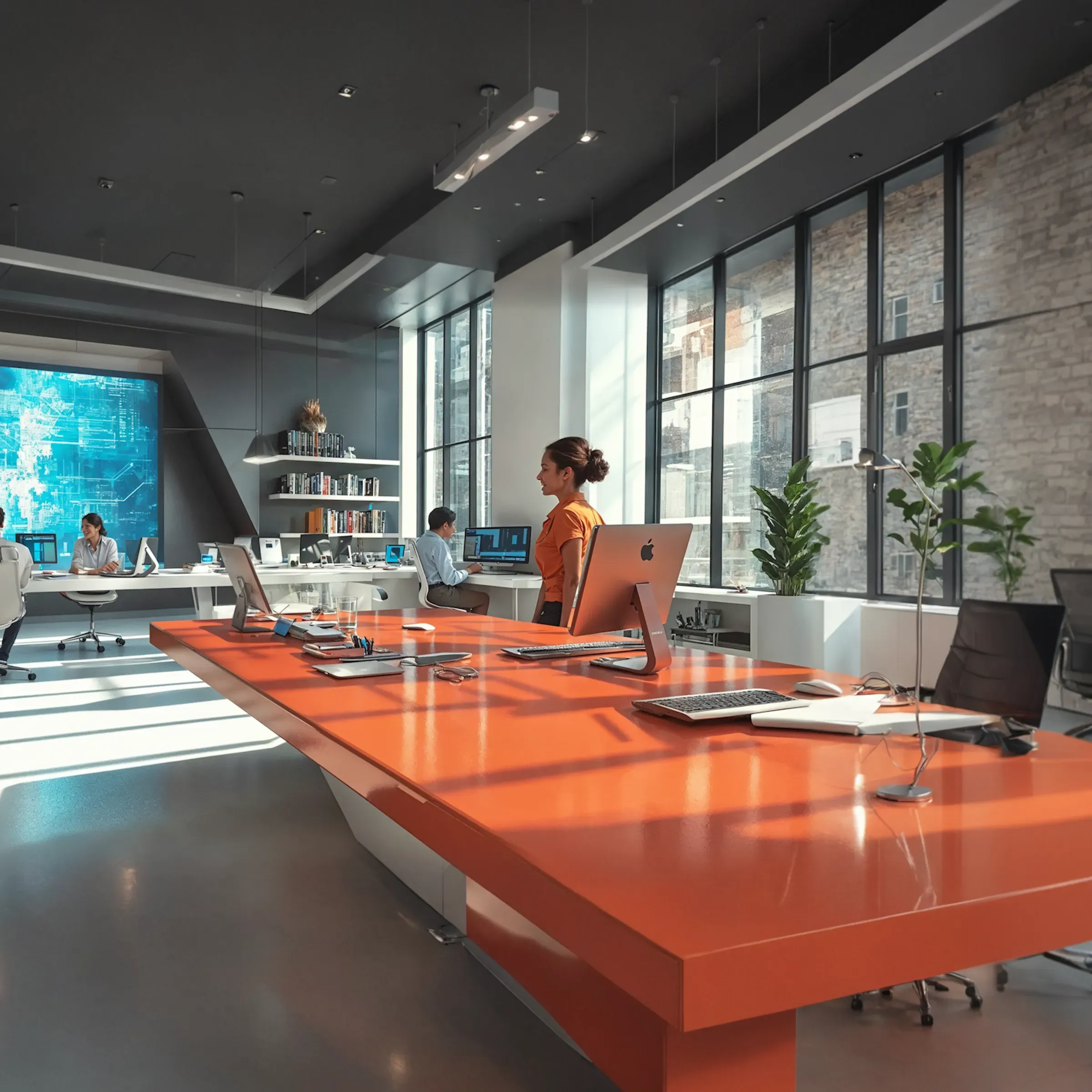 A modern technology studio with a vivid orange work surface